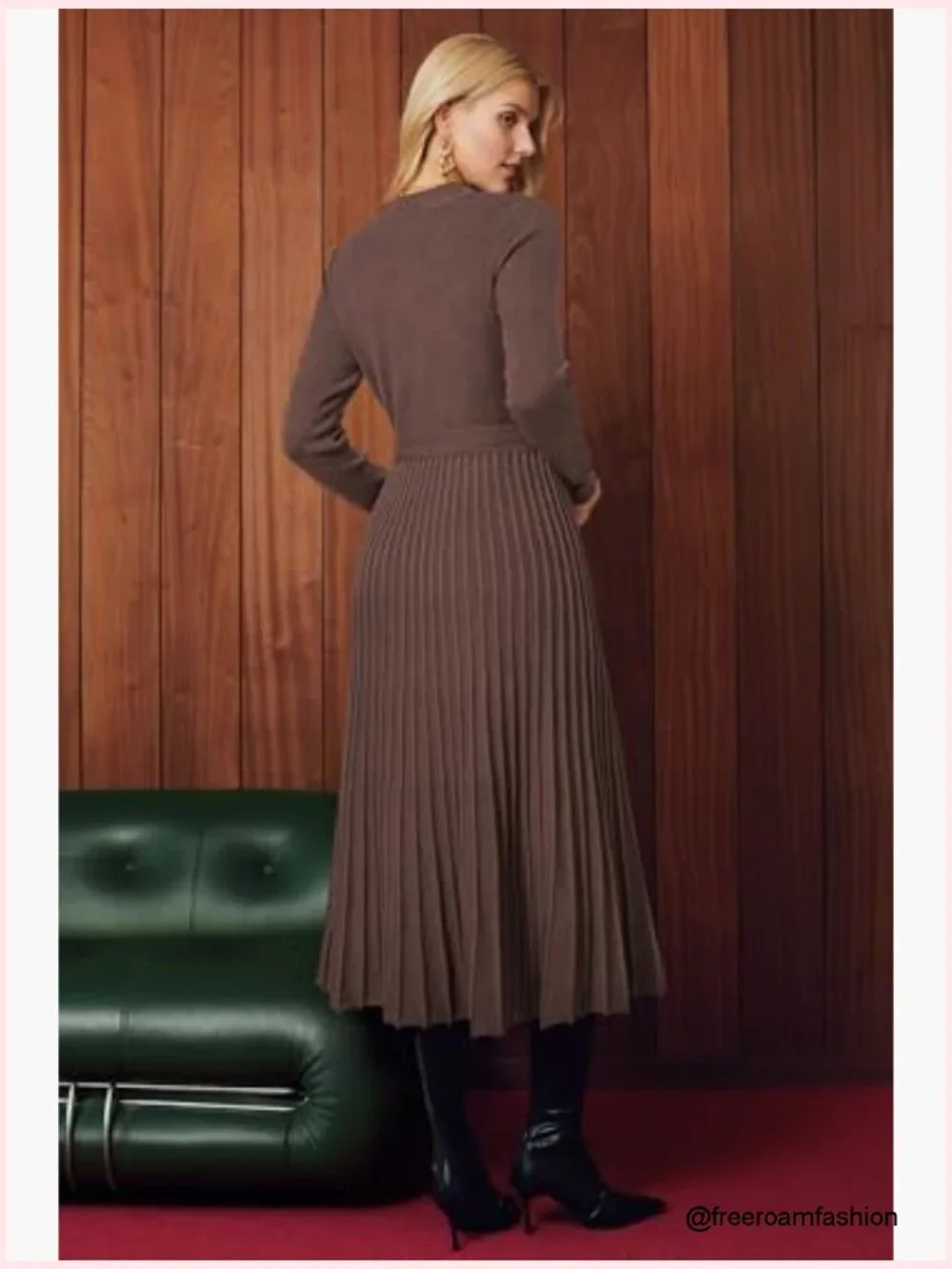 Wool Blend Mock Neck Tie Waist Pleated Sweater Dress - Picture 2 of 7